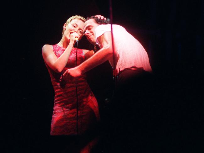 ‘Nick … was the dark side.’ Kylie Minogue performed Where The Wild Roses Grow with Nick Cave at the Big Day Out in 1996. Picture: Supplied