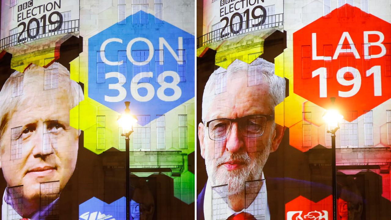 Exit poll results projected on the outside of the BBC building in London. Picture: Tolga Akmen/AFP