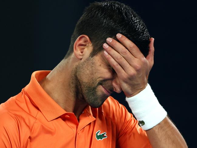 MELBOURNE, AUSTRALIA - JANUARY 13: Novak Djokovic of Serbia reacts in his Arena Showdown charity match against Nick Kyrgios of Australia ahead of the 2023 Australian Open at Melbourne Park on January 13, 2023 in Melbourne, Australia. (Photo by Graham Denholm/Getty Images)