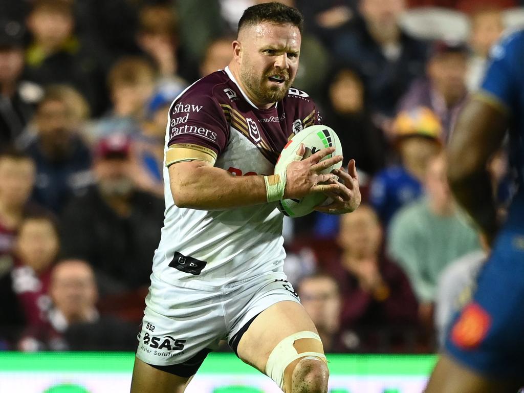 Nathan Brown charges the ball up for Manly. Picture: NRL Imagery