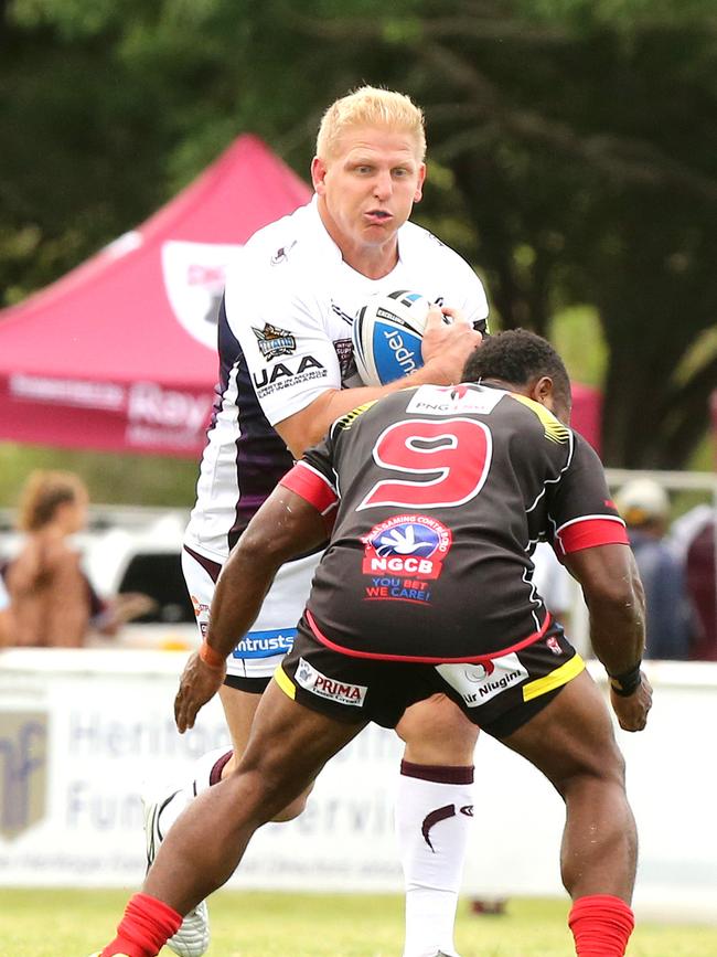 Entrust Super Cup match between Burleigh Bears and Papua New Guinea Hunters at Pizzey Park. Burleigh Player No14 Ben Hannant PNG player No 9 Silas Gahuna. Picture Mike Batterham