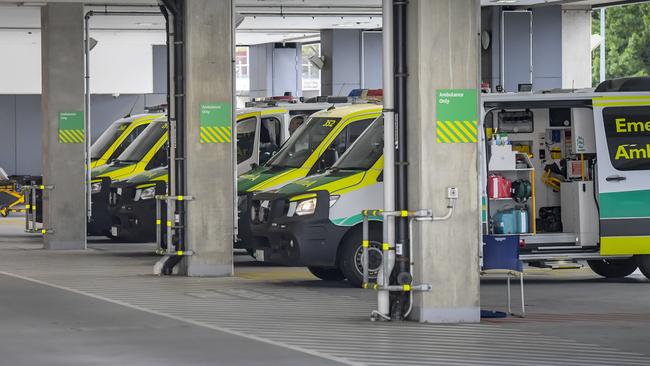 Ambulances ramped at Royal Adelaide Hosptial on Wednesday morning as the ED burst at the seams. Picture: RoyVPhotography