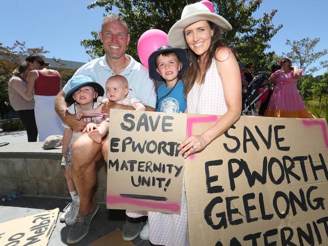 Brad and Sarah Otten with their children Will, Rosie and Johnny at a rally to save Epworth Geelong maternity unit. Picture: Alan Barber