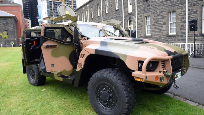 A Hawkei vehicle built in Bendigo by Thales Australia is seen at Victoria Barracks Melbourne. Picture: AAP Image/Julian Smith