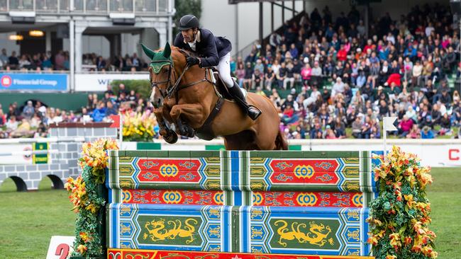 Rowan Willis, riding Blue Movie during the Spruce Meadows Masters, has been controversially overlooked for the Australian equestrian team. Picture: Codie McLachlan/Getty Images