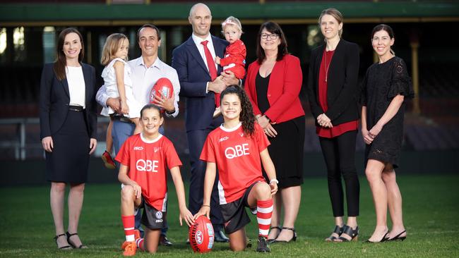 (From left) Swans head of media Loretta Johns, Liberal Wentworth candidate Dave Sharma with daughter Daphne, Swans CEO Tom Harley with daughter Arabella, Netball NSW chief Carolyn Campbell, and Natalie Fagg and Kelle Storey of the Swans, and (front) Arkie Norton and Zali Deep. Picture: Christian Gilles