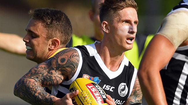 Port Adelaide’s Hamish Hartlett fronts in an SANFL trial match against Adelaide at Alberton Oval. Picture: Tom Huntley.