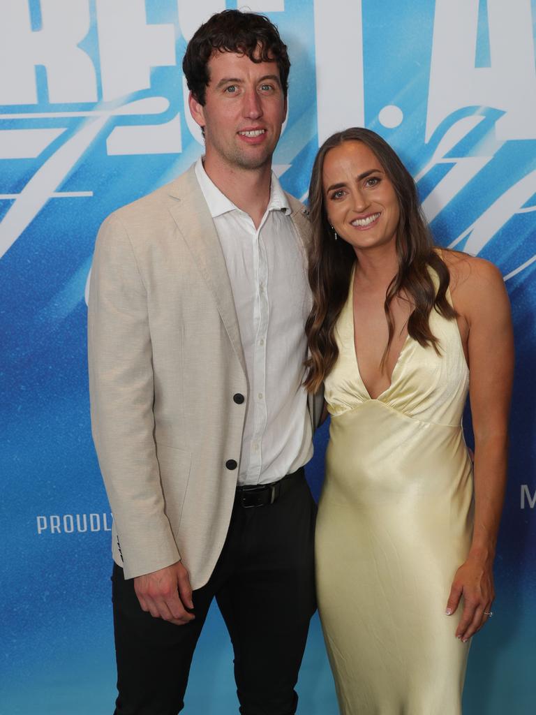 Geelong Cats’ AFLW best and fairest Blue Carpet arrivals at Kardinia Park — Geelong defender Chantel Emonson (right) with Tom Pridgeon. Picture: Mark Wilson