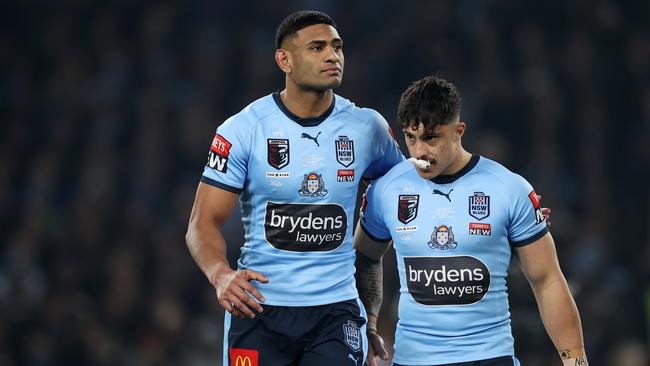 SYDNEY, AUSTRALIA – JUNE 08: Daniel Tupou (L) and Kotoni Staggs of the Blues during game one of the 2022 State of Origin series between the New South Wales Blues and the Queensland Maroons at Accor Stadium on June 08, 2022 in Sydney, Australia. (Photo by Cameron Spencer/Getty Images)