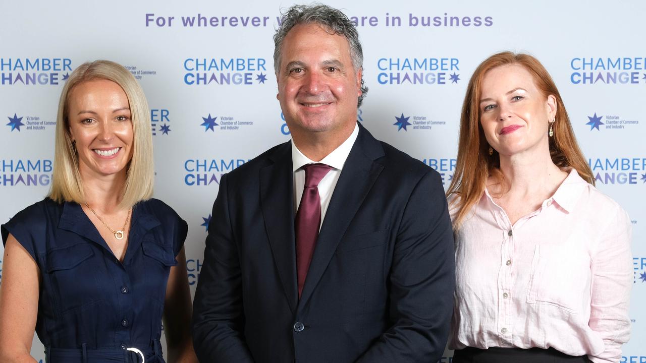 The Victorian Chamber of Commerce and Industry’s Claire McMartin, Paul Guerra and Kylie Warne at the Chamber Change event at GMHBA Stadium. Picture: Mark Wilson.