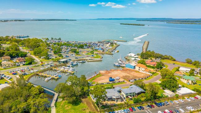 Weinam Creek Marina from above shows the scale of the coming Wayfarer Residences, the Moores Road car park and bridge connecting to the ferry terminal. Picture: Jaden Boon Photography