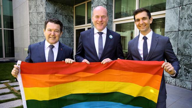 Senator Dean Smith, Trent Zimmerman MP and Trevor Evans MP after the results of the Marriage Equality survey at Parliament House in Canberra.