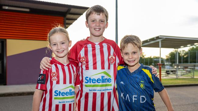 Scarlett Shaw, Solomon Thomas and James Shaw at the fifth annual GleNTi Cup between Hellenic AC and Darwin Olympic SC, June 3, 2025. Picture: Pema Tamang Pakhrin