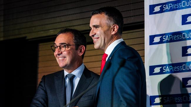 Premier Marshall and Opposition leader Peter Malinauskas shake hands at Friday’s SA Press Club debate. Picture: NCA NewsWire / Morgan Sette