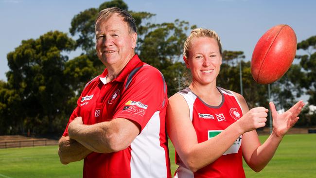 North Adelaide games record holder and dual SANFL premiership player Mick Redden with his daughter Bek Rasheed. Rasheed will play for the Roosters’ SANFLW team this season. Picture: AAP/Russell Millard