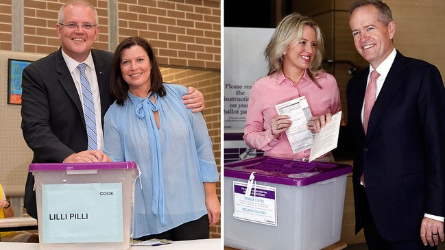 Prime Minister Scott Morrison and wife Jenny cast their vote in Sydney, Opposition Leader Bill Shorten and his wife Chloe voting in Melbourne earlier today. Picture: Getty Images