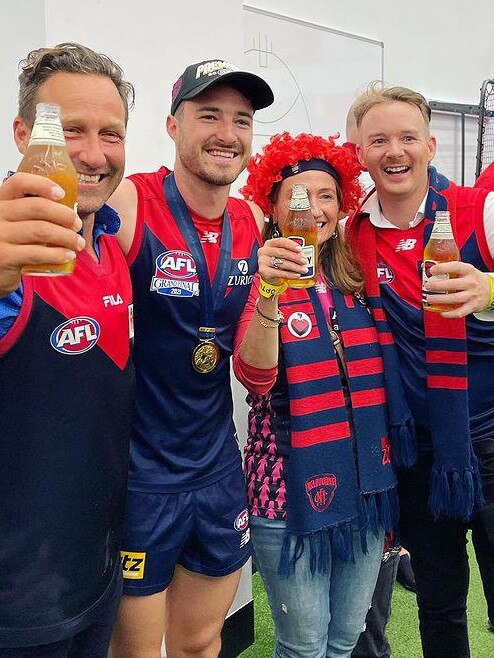 Morris Jones owner Hayden Burbank, left, and Mark Babbage, right, in the rooms after the grand final.