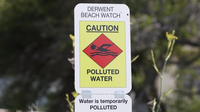 Warning signs of water pollution caused by only partially treated effluent flowing into the River Derwent were erected at several locations last Friday. Picture: Nikki Davis-Jones