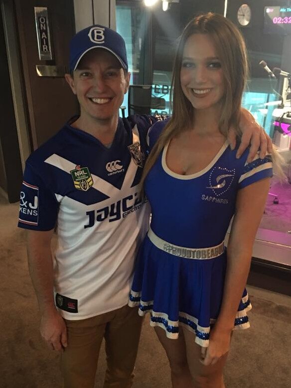 Yerbury pictured with Australian personality Rove McManus during her cheerleading days.