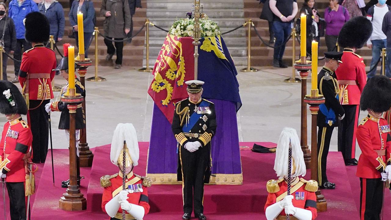 King Charles III attends a vigil around the coffin of Queen Elizabeth II in Westminster Hall, at the Palace of Westminster, ahead of her funeral. Picture: Yui Mok/Pool/AFP