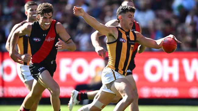 Hawthorn debutant Massimo D’Ambrosio had a team-high 29 disposals as he met his former Bombers at the MCG on Saturday. Picture: Quinn Rooney / Getty Images