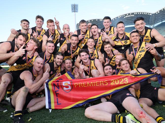 Tigers players celebrate after the 2023 SANFL Grand Final between Sturt and Glenelg at Adelaide Oval in Adelaide, Sunday, September 24, 2023. (SANFL Image/David Mariuz)