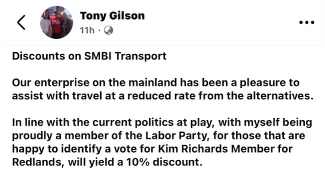 Tony Gilson’s now-deleted Facebook offer for Labor voters. Picture: Facebook