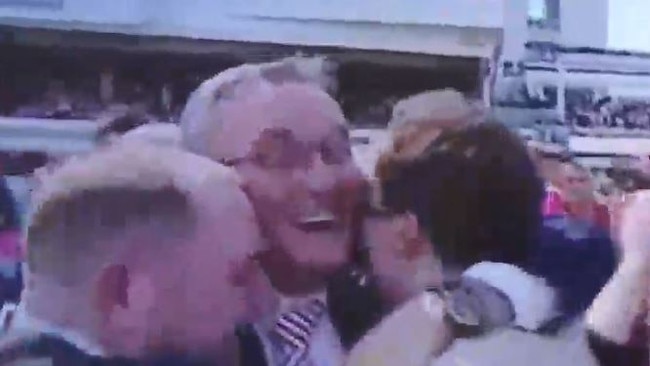 "Gympie's Melbourne Cup": Gympie State High School principal Anthony Lanskey celebrates the victory of Vow and Declare at Flemington Racecourse on Tuesday.