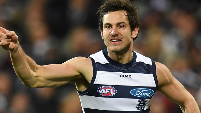 Daniel Menzel celebrates a goal for Geelong. Picture: AAP Images