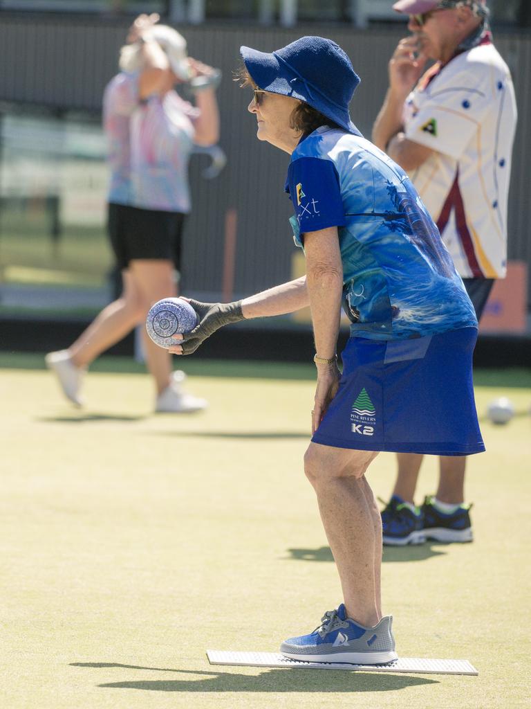 Linda Wilson in the ladies pairs lawn bowls will be played from 2pm at Broadbeach Bowls Club. Picture: Glenn Campbell