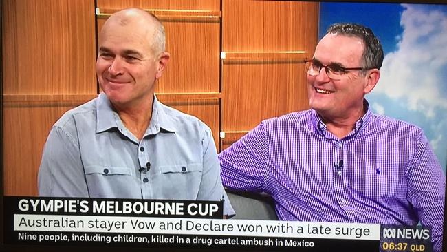 "Gympie's Melbourne Cup": School teachers Bob Leitch and Anthony Lanskey, who are part-owners of Melbourne Cup winning horse Vow and Declare flew the flag for Gympie live on national breakfast television show ABC News Breakfast on Wednesday morning.