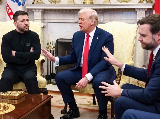 Ukrainian President Volodymyr Zelensky talks with US President Donald Trump and Vice President JD Vance in the Oval Office of the White House on Friday. Picture: Jim LoScalzo/POOL/Zuma Press