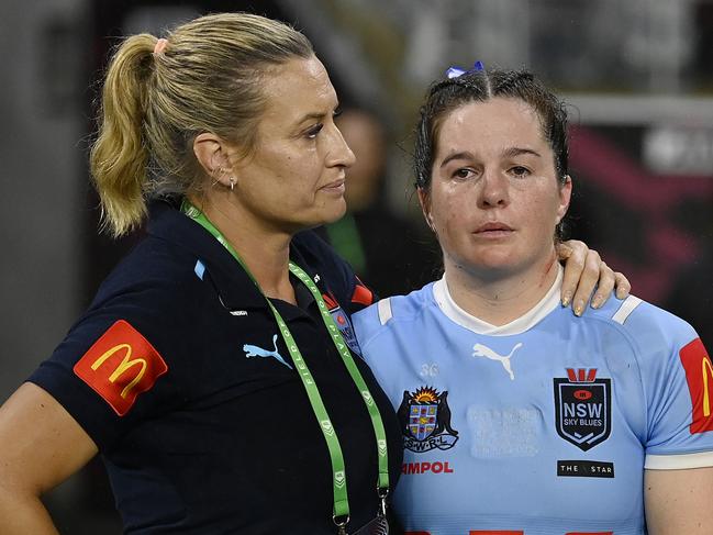 TOWNSVILLE, AUSTRALIA - JUNE 27: Rachael Pearson of the Blues looks dejected after losing game three of the 2024 Women's State of Origin series between Queensland Maroons and New South Wales Sky Blues at Queensland Country Bank Stadium on June 27, 2024 in Townsville, Australia. (Photo by Ian Hitchcock/Getty Images)