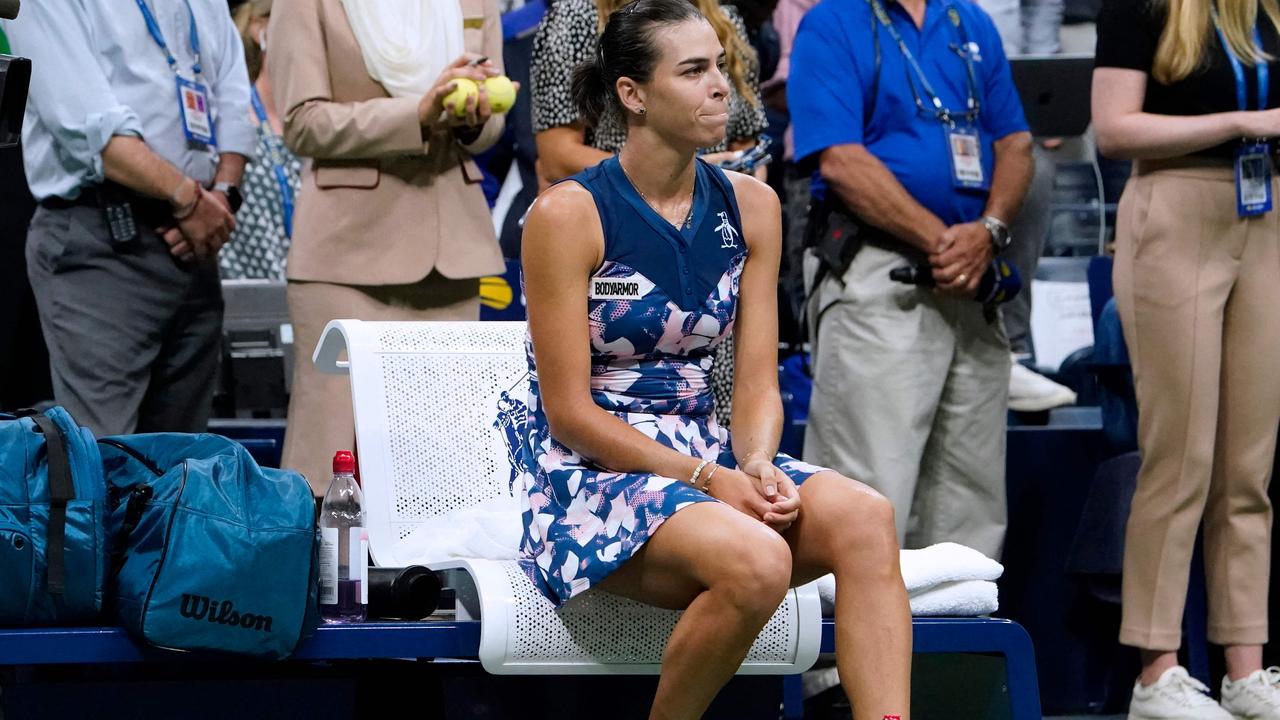 Tomljanovic sits on her bench after bringing down the curtain on her idol’s incredible career. Picture: AFP