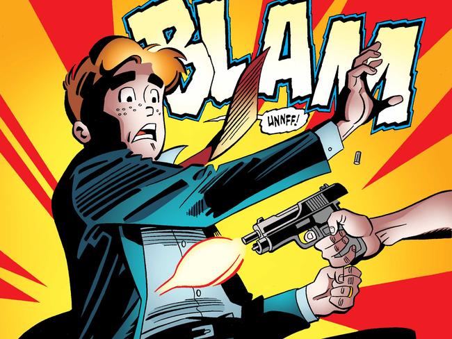 This photo provided by Archie Comics shows Archie in his final moments of life in a scene from the comic book, "Life with Archie," issue 36. Archie Andrews will die taking a bullet for his gay best friend. The famous freckle-faced comic book icon will die in the July 16, 2014 installment of "Life with Archie" while intervening in the assassination of Kevin Keller, Archie Comics' first openly gay character. (AP Photo/Archie Comics)