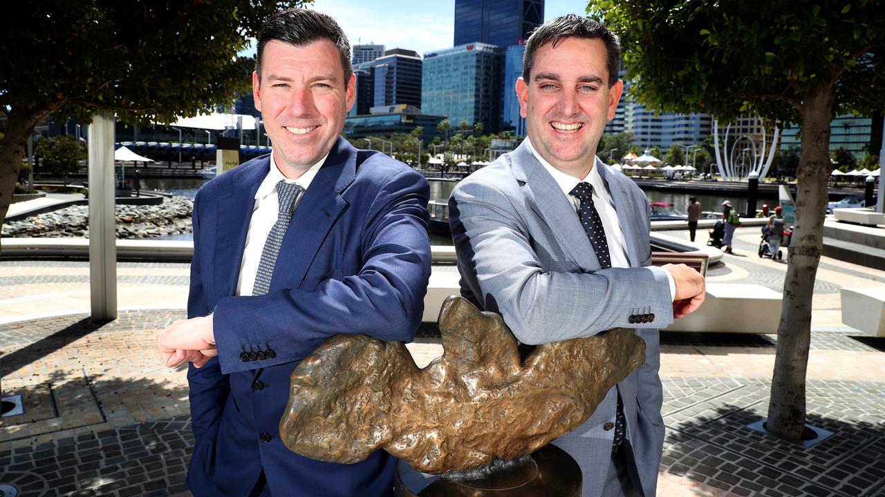 Northern Star’s former executive chairman Bill Beament and fellow miner Saracen’s CEO Raleigh Finlayson. Picture: Colin Murty / The Australian