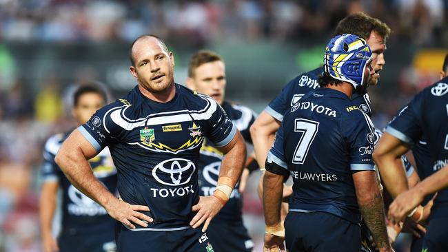 North Queensland Cowboys v South Sydney Rabbitohs from 1300 Smiles Stadium, Townsville. Cowboys Matt Scott after Rabbitohs George Burgess scores a try. Picture: Zak Simmonds