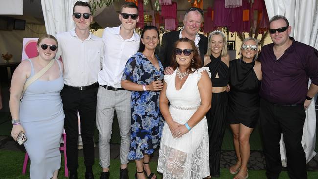 Bet365 Traralgon Cup Day, held at Traralgon Racecourse, Traralgon, Victoria, 1st December 2024: Alannah Knowles, Ryan McLeod, Josh McLeod, Taryn Cunningham, Stacey Buckley, Rachel Mustoe, Craig Mustoe, Emma Farley, David Barnes. Picture: Andrew Batsch