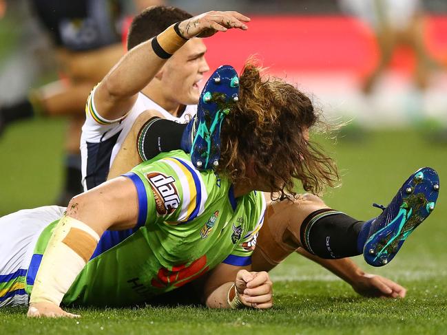 Charlie Gubb tackled the legs of Nathan Cleary as he kicked. Picture: Getty Images