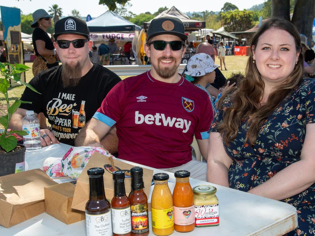 (From left) Isaac Boettcher, Shannon Costello and Sally Carlile at the Murphys Creek Chilli and Craft carnival. Sunday, September 22, 2024. Picture: Nev Madsen