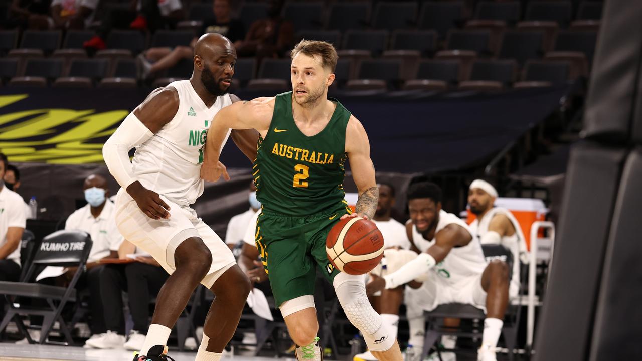 Australian guard Nathan Sobey found his offensive groove against Nigeria. Picture: Stephen Gosling/NBAE via Getty Images