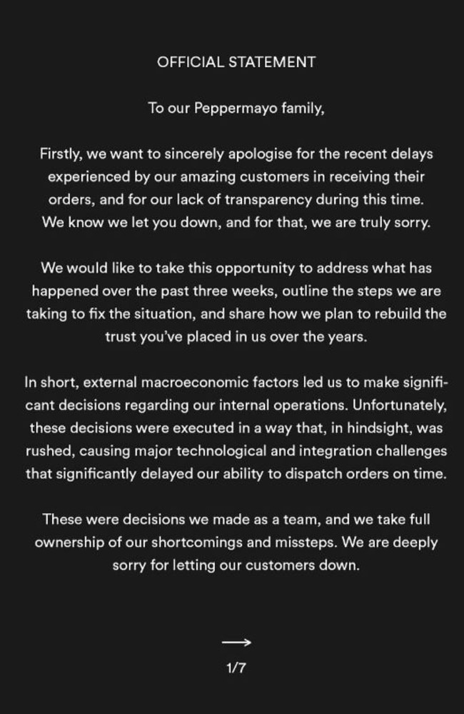The brand finally apologised to customers over order delays. Picture: Instagram/Peppermayo