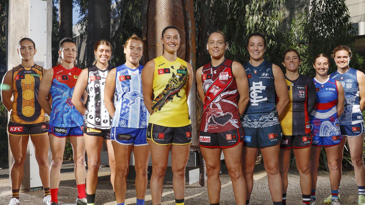 Maddie Shelvin (Richmond) and Steph Cain (Essendon) (both centre) will clash in the AFLW Dreamtime game at TIO Stadium on Saturday. Picture: Michael Klein