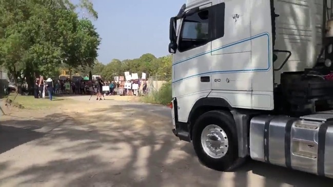 A truck arrives to protests at Black Swan Lake