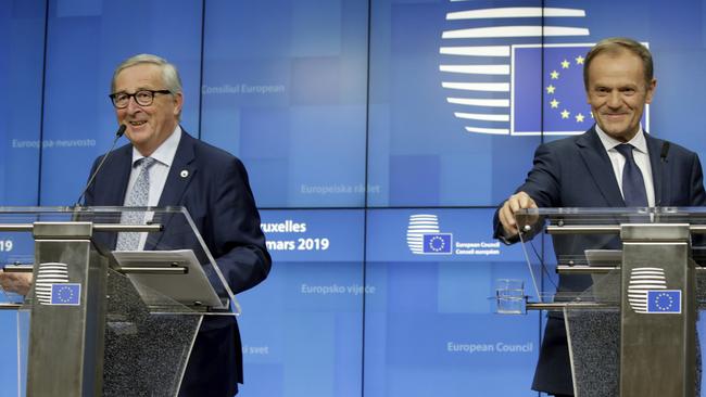 European Council President Donald Tusk, right, and European Commission President Jean-Claude Juncker field questions. Picture: AP