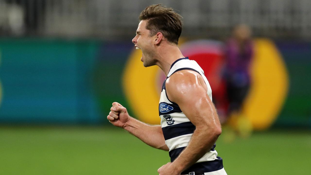 PERTH, AUSTRALIA - SEPTEMBER 03: Tom Hawkins of the Cats celebrates after scoring a goal during the 2021 AFL Second Semi Final match between the Geelong Cats and the GWS Giants at Optus Stadium on September 3, 2021 in Perth, Australia. (Photo by Will Russell/AFL Photos via Getty Images)