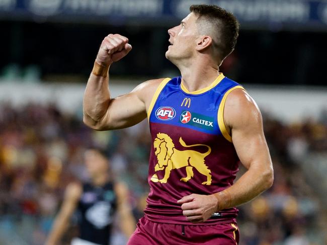 BRISBANE, AUSTRALIA - MARCH 08: Dayne Zorko of the Lions celebrates a goal during the 2024 AFL Opening Round match between the Brisbane Lions and the Carlton Blues at The Gabba on March 08, 2024 in Brisbane, Australia. (Photo by Russell Freeman/AFL Photos via Getty Images)