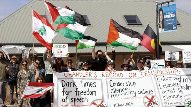 Supplied image of protest outside Liberal Senator Claire Chandler's office at Richmond Tasmania on Thursday, February 27, 2025. PHOTO: Kristy Alger