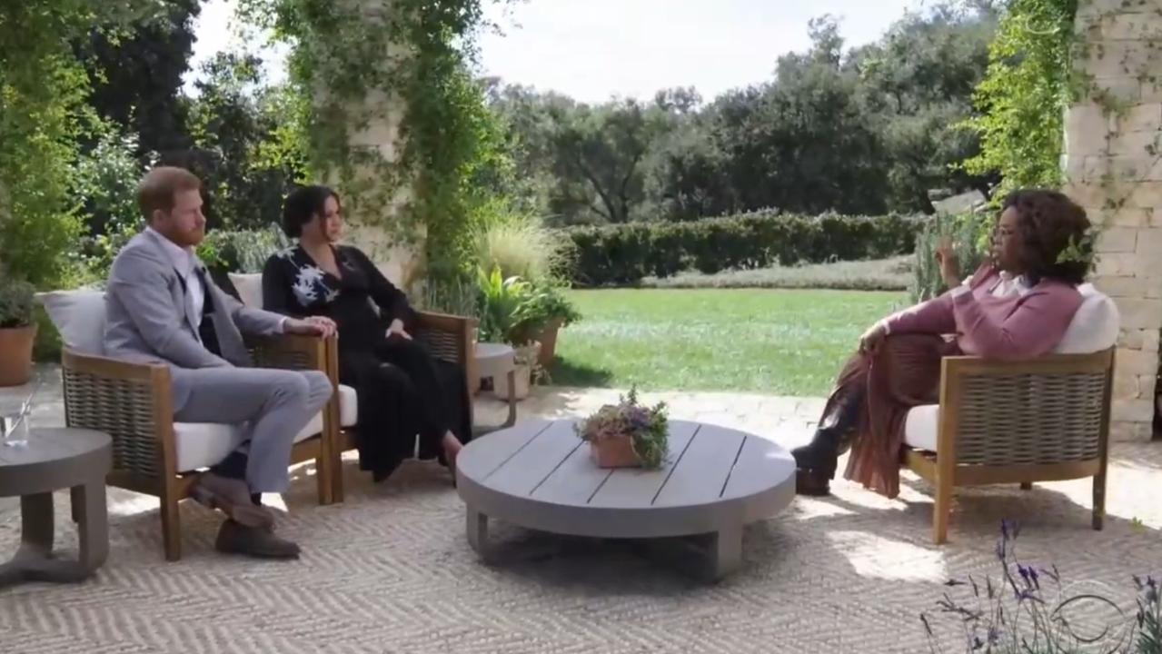 A still image from the CBS interview by Oprah Winfrey with Prince Harry and Meghan Markle.