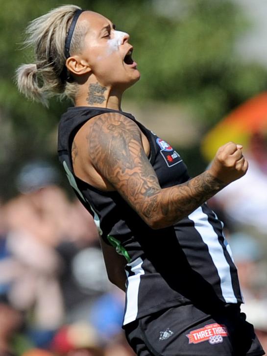 Moana Hope celebrates a Collingwood goal.